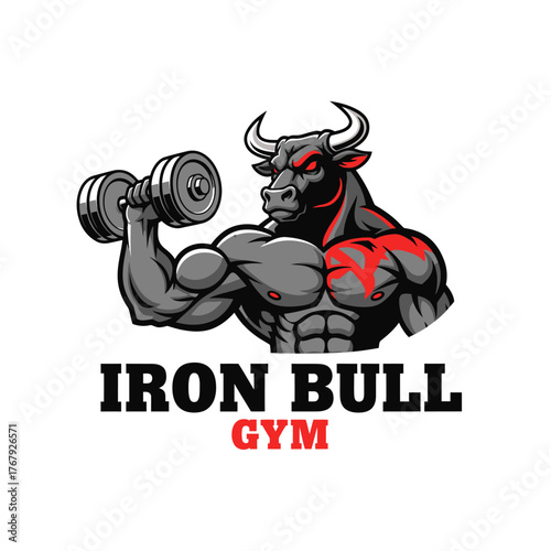 A muscular bull lifting a dumbbell, colored in shades of gray and black, with red accents