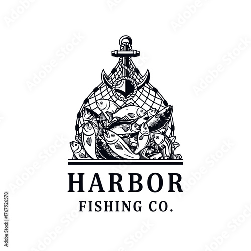 An anchor and net design with harvested fish, used in the fishing industry