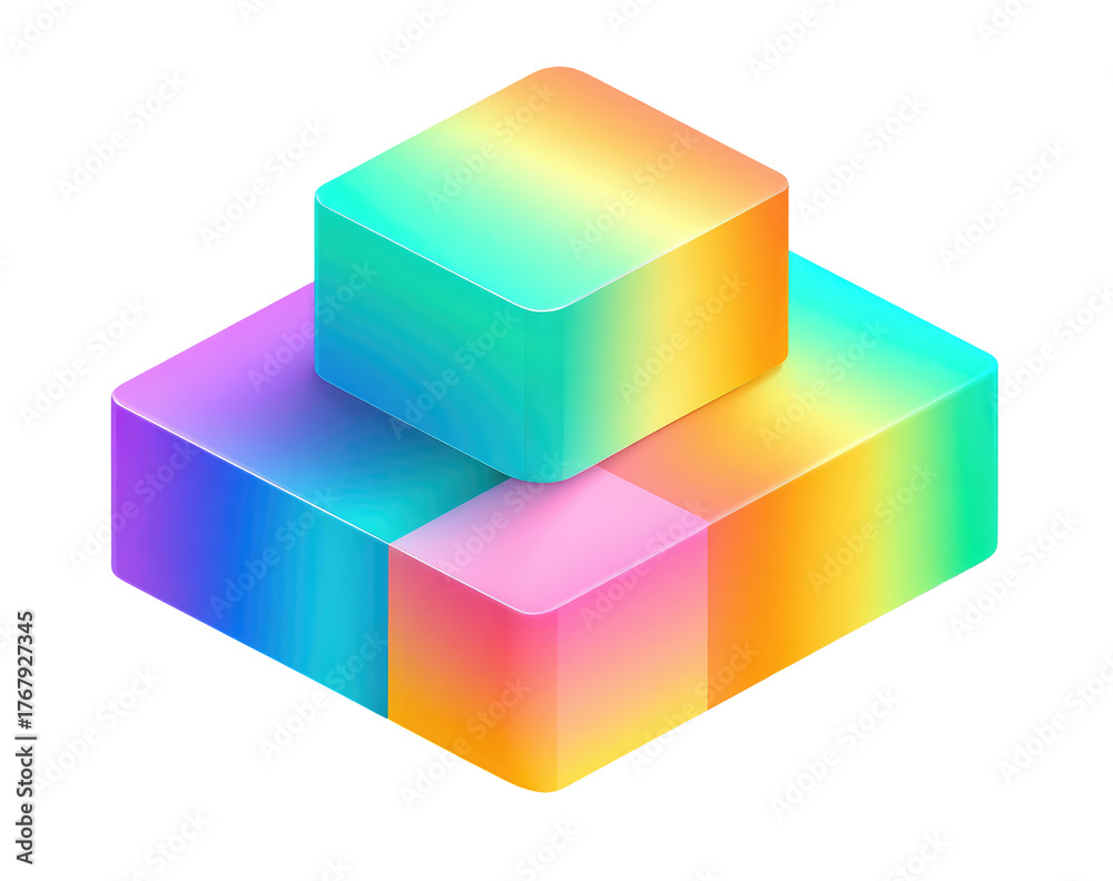 Obraz premium Stacked cubes with rainbow gradient; small on top, large on bottom. Isometric view. Black background