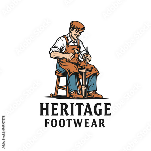 A cartoon cobbler, with a hammer, working on footwear. He is wearing an apron and a hat