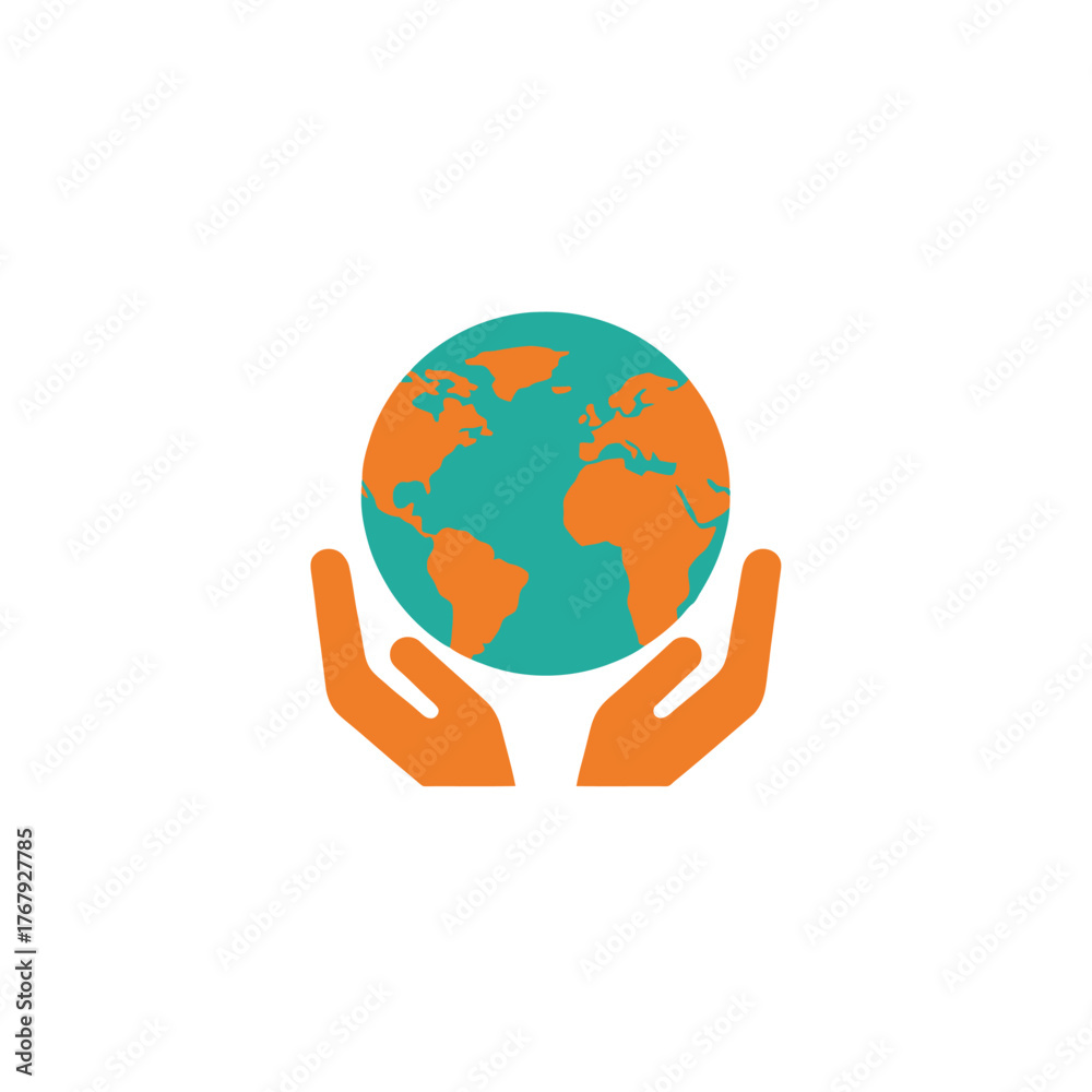 Fototapeta premium Flat icon of planet Earth held between two open hands, evoking themes of conservation