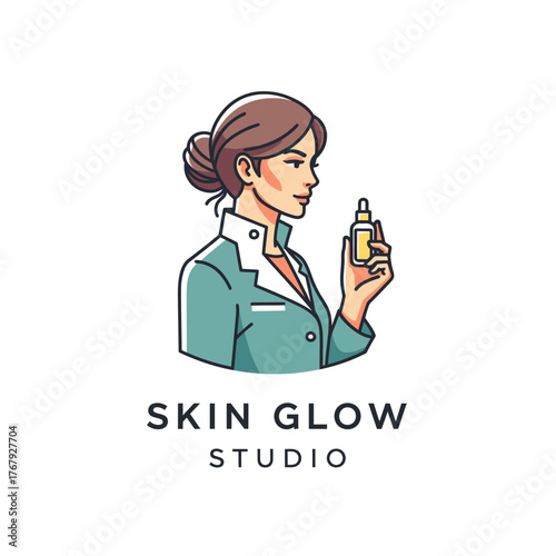 A woman in a lab coat is holding up a bottle, possibly of serum. Bun hairstyle. Vector-style