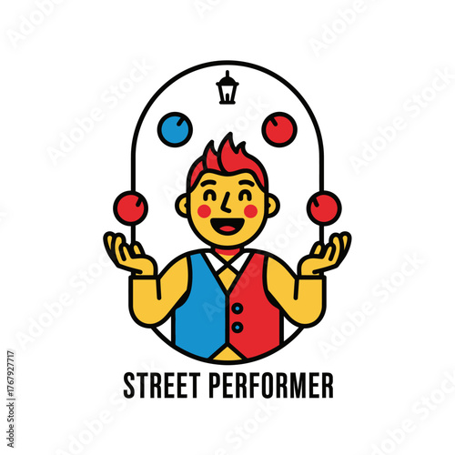 A stylized illustration features a smiling juggler with bright colors. He is performing in front of a curved frame