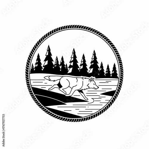 A black and white circular design of a running wolf in a forest scene within a rope-like border
