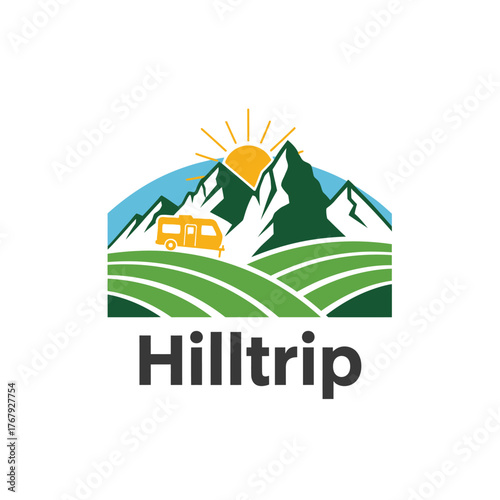 A colorful graphic design depicting mountains, a sun, rolling hills, and a camper, with the word "Hilltrip.