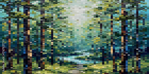 A serene pixel art landscape depicting a sunlit path through a lush green forest next to a winding river.