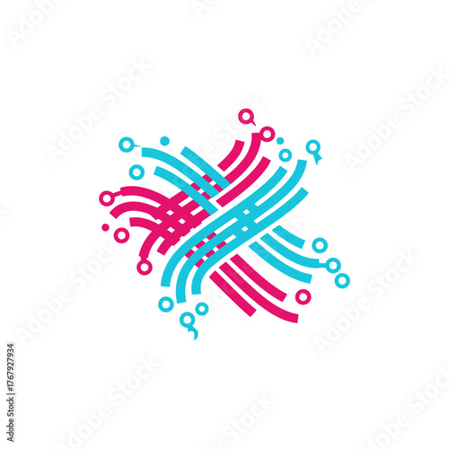 Abstract logo featuring intertwined colorful curved lines with circular and teardrop shaped elements