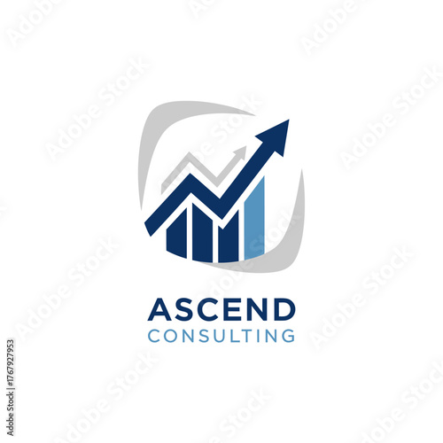 A logo design with an upward arrow and bar graph inside a curved frame, with text beneath