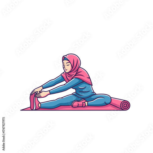 Illustration of a woman in modest attire stretching, demonstrating fitness on a mat
