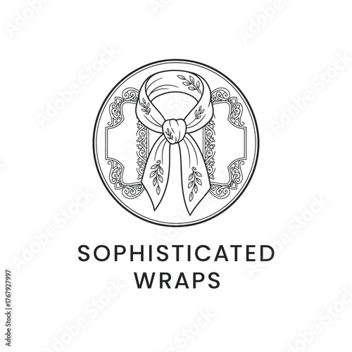 A monochrome illustration features a stylized scarf design with botanical details within an ornamented medallion