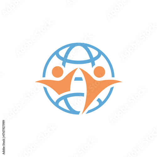Stylized emblem featuring two human figures embracing a globe, with blue and orange hues