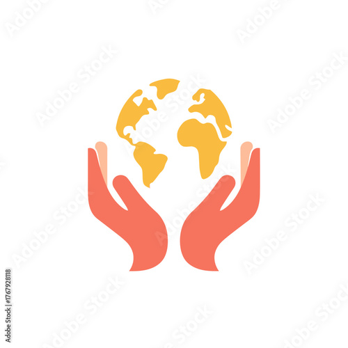 A stylized illustration depicting a golden globe held protectively within two coral-colored hands