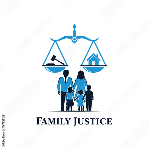 A family silhouette stands below a balanced scale with gavel and house symbols