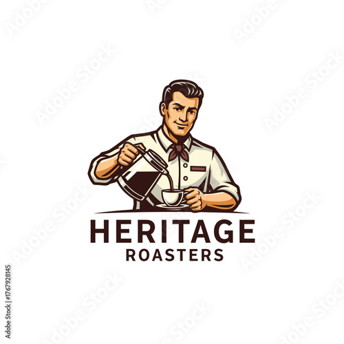 A vintage-style illustration of a man pouring coffee from a carafe into a cup