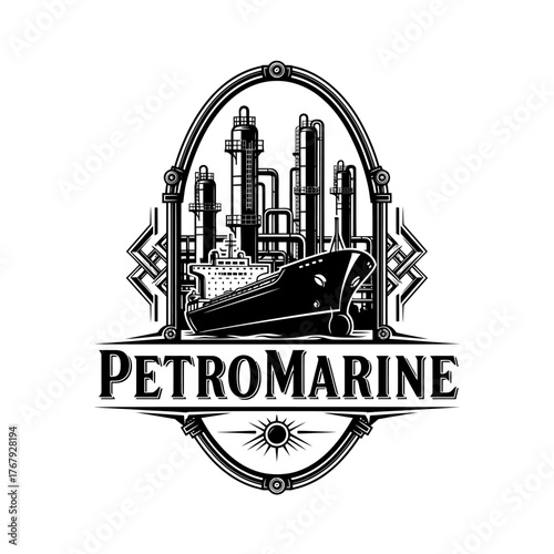 Stylized monochrome logo, featuring an industrial ship with oil refinery equipment and text within a frame