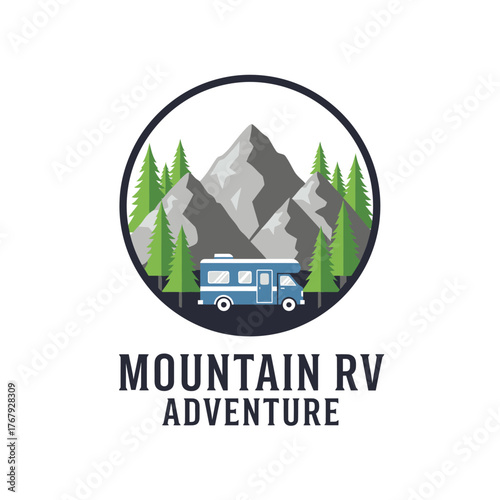 A circular logo features a motorhome nestled beneath mountains and evergreens, with the text 