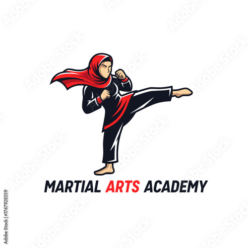 A figure in martial arts pose, kicking, wearing traditional attire with red accents and head covering