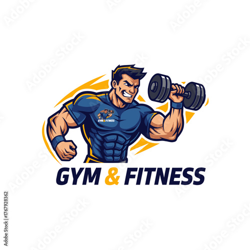A muscular cartoon man curls a dumbbell in a fitness-themed logo, surrounded by yellow accents