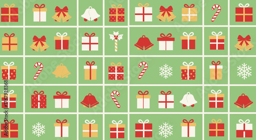 Seamless Christmas pattern with festive icons like gift boxes, bells, and snowflakes on a green grid background