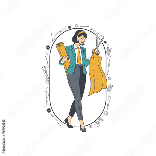 Illustration of a woman in business attire cutting fabric, surrounded by sewing tools