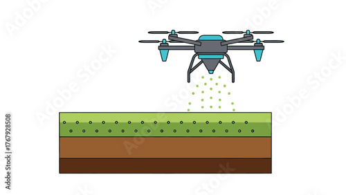 Vector agriculture drone seeding a field, isolated on a clean white background
