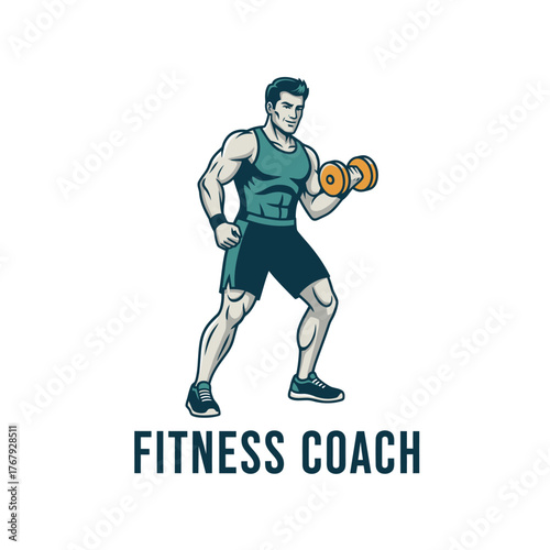 Muscular man in fitness attire lifting dumbbell, a vector illustration in a vintage comic style