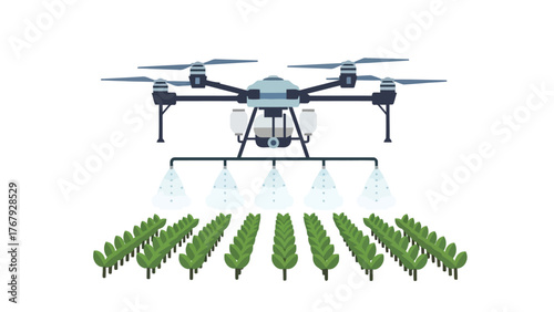 Vector agricultural drone spraying crops, isolated on a clean white background