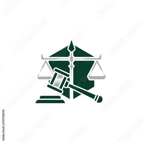 A law-related vector graphic featuring scales, a gavel, and a stylized shield shape