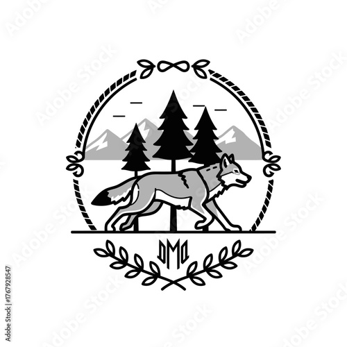A grayscale emblem of a wolf walking past trees and mountains enclosed in a circular frame