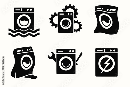 Washing machine icons showing soak, spin, heat, repair, and electrical issues