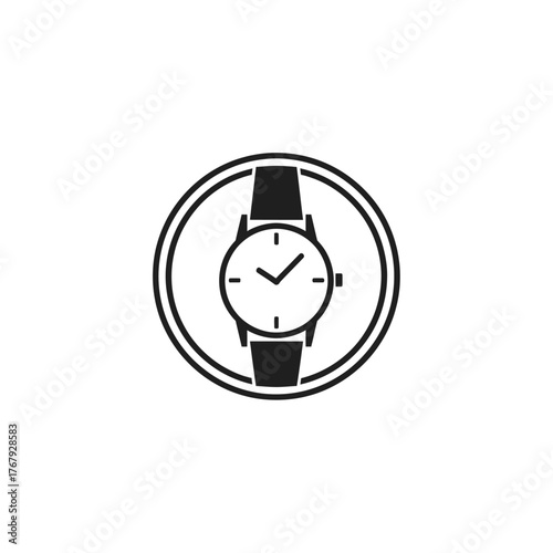 A monochrome illustration of a wristwatch inside a circle, showing the watch face and its strap