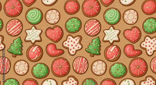 Seamless pattern of assorted Christmas cookies including stars, hearts, trees, circles, and other shapes, decorated with icing in red, green, and white on a brown background.