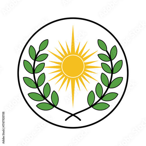 A heraldic emblem featuring a sunburst, framed by laurel branches, enclosed within a black circle