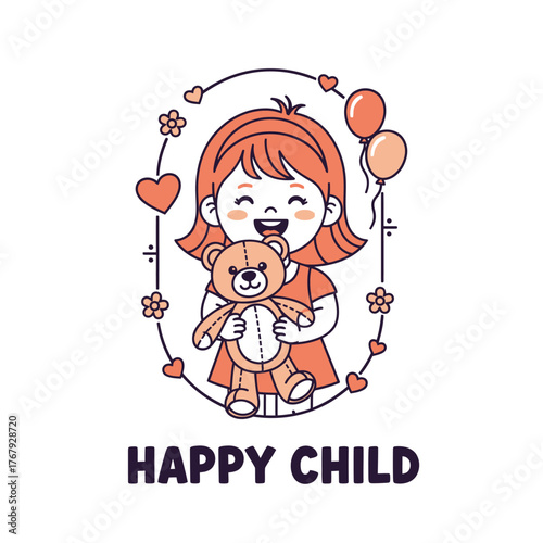 A joyful cartoon girl, orange hair, smiling, holding a teddy bear. Balloons and hearts decorate