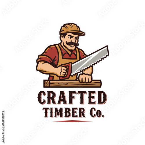 A burly carpenter with a thick mustache saws wood, the words "Crafted Timber Co." below