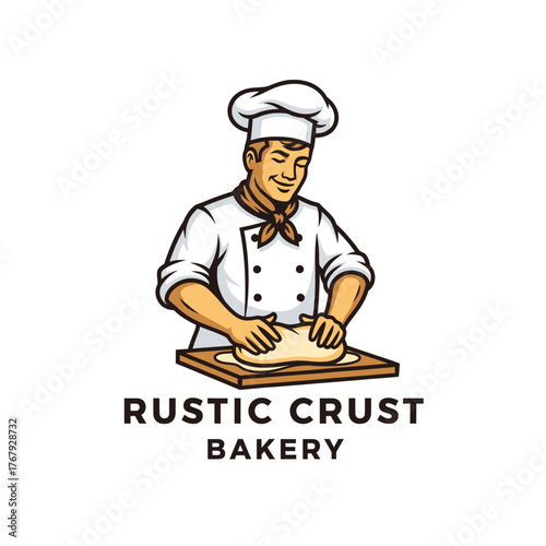 A smiling chef kneads dough on a wooden board, wearing a white uniform and toque