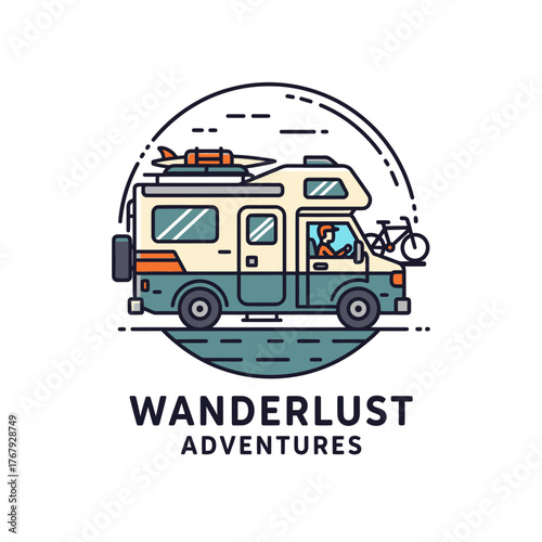 Colorful illustrated RV with a bicycle, surfboard, and driver, within a circular frame