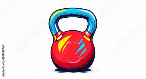Vibrant kettlebell sports equipment in pop art style. Dynamic energy and motivation vector illustration