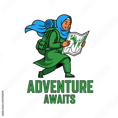 A figure with a backpack and map, walking onward with a scarf and green outfit