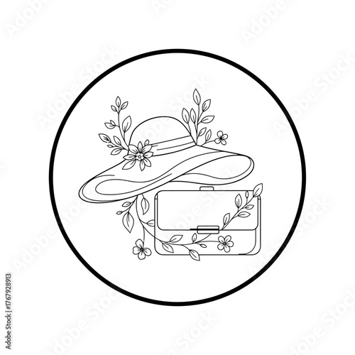 Black and white illustration featuring a hat, a purse, and leaves in a circle