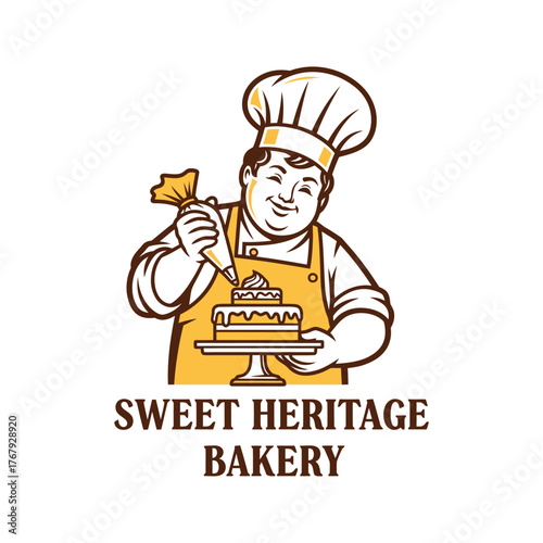 A smiling chef decorates a cake with icing, wearing a hat and apron; bakery theme