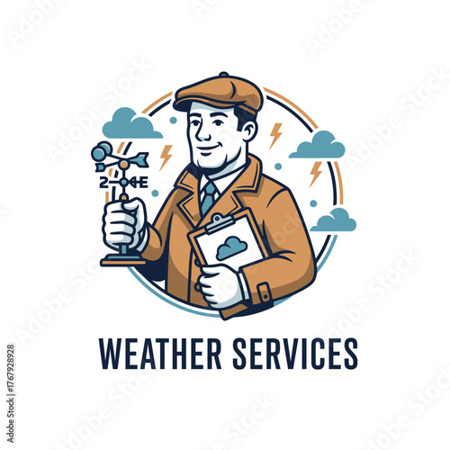 A smiling meteorologist illustration wearing a jacket and cap, with wind vane, clipboard, clouds, and lightning