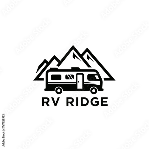 A black and white logo with a recreational vehicle, mountains, and text "RV RIDGE" in bold letters