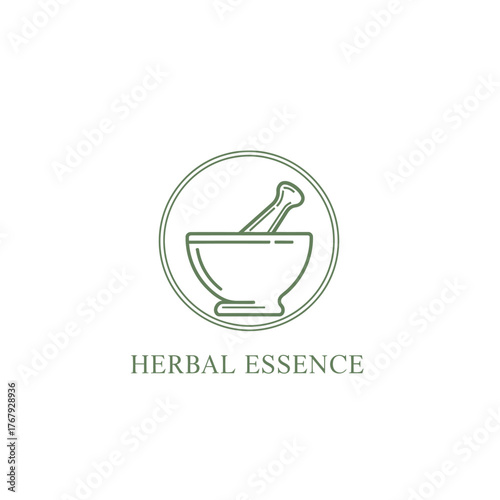 A green line drawing of a mortar and pestle inside a circle, with the text "HERBAL ESSENCE.