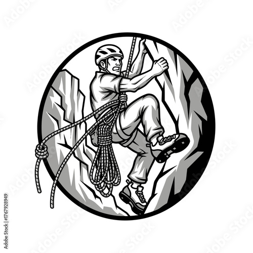 A grayscale illustration of a climber scaling a rock face, encircled in a black oval