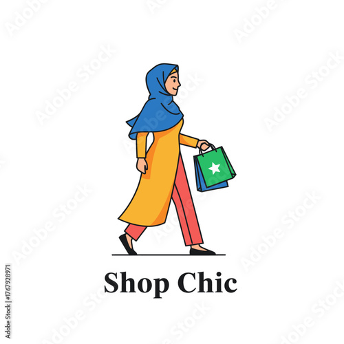 Illustration of a woman in modest attire carrying shopping bags, walking forward