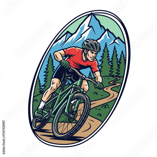 A cyclist rides a mountain bike down a trail within an oval frame, mountains and trees in background