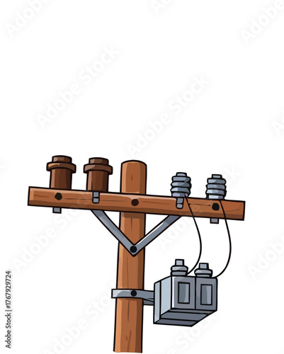 Illustration of a wooden utility pole with electrical insulators and a transformer box, representing infrastructure and power transmission