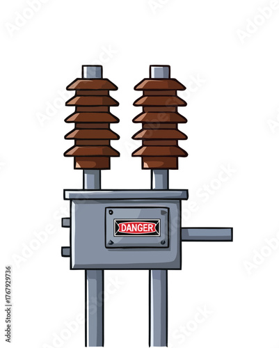 Vector illustration of a high-voltage electrical power component with ceramic insulators and a danger sign isolated on a white background
