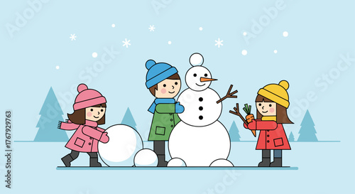 Children Building a Snowman in the Winter